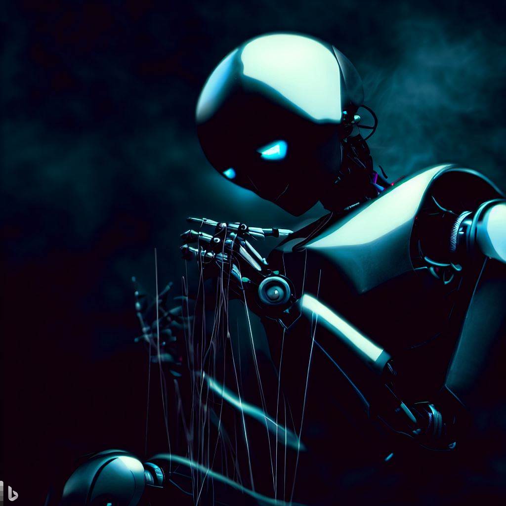 無料ブラウザFPSのストーリー：反乱を企て、人類に敵対するAIロボットたちの緊迫したイメージ