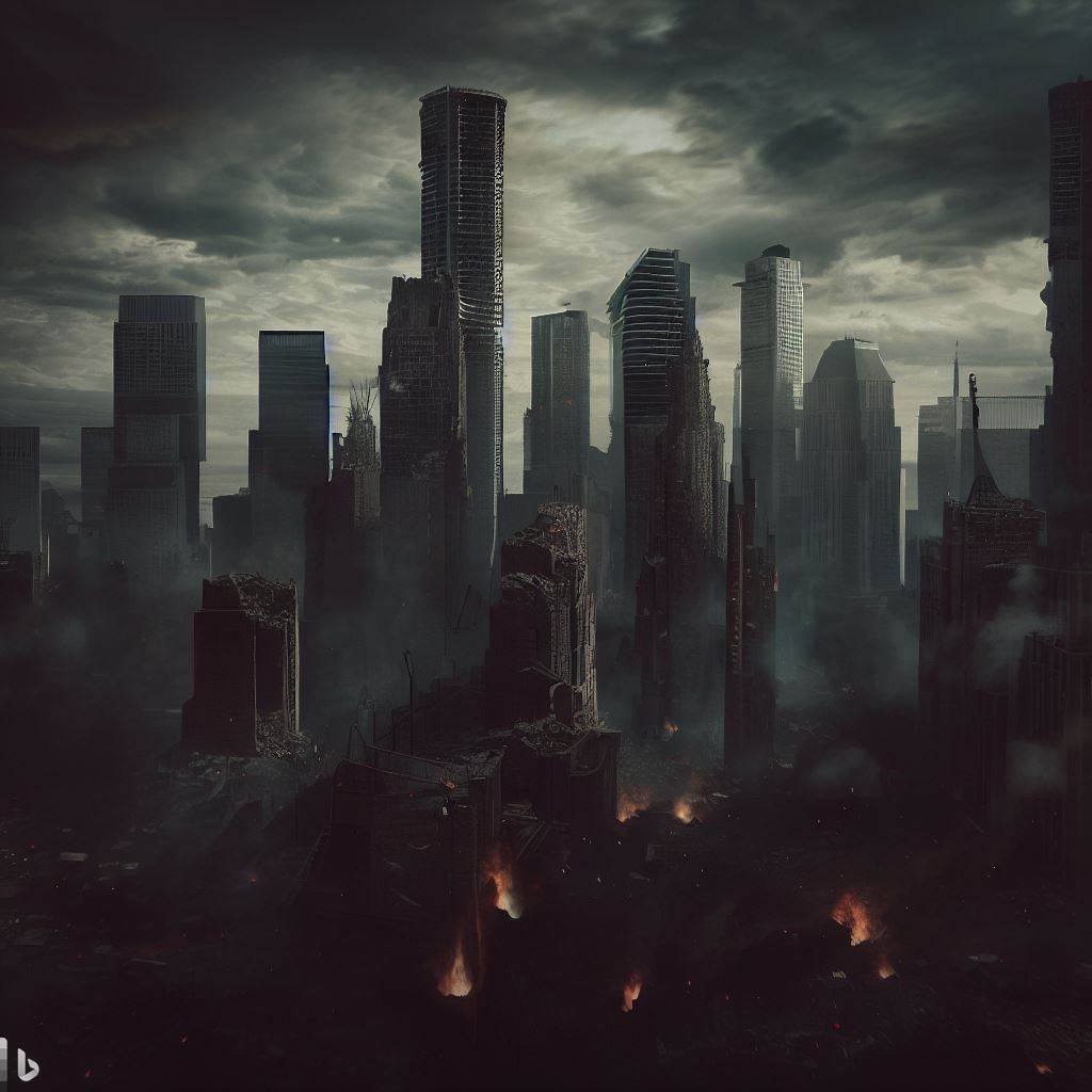 無料ブラウザFPSの世界観：暴走したAIにより荒廃し、退廃的な雰囲気に包まれた都市のイメージ